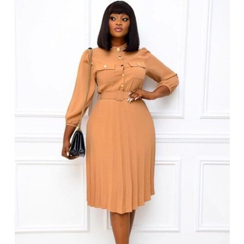 African Women Spring Autumn Fashion Cotton Linen Pleated Midi Dress OL Elegant Single Breasted Matching Pocket 3/4 Sleeve Dress