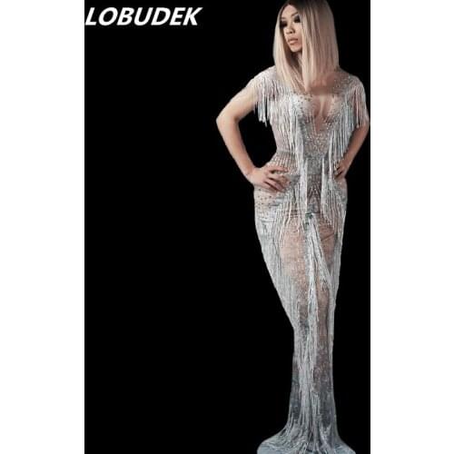 Silvery White Crystals Tassels Long Dress Evening Party Stage Women Singer Host Performance Dress Bar Nightclub Catwalk Dresses