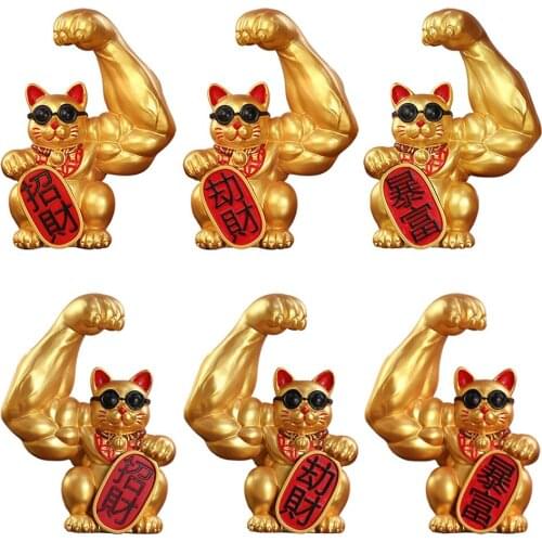 Strong Lucky Cat Figurines Shaking Hands Big Arm Feng Shui Statue Welcoming Wealth Fortune Craft Ornament Home Decor Accessories
