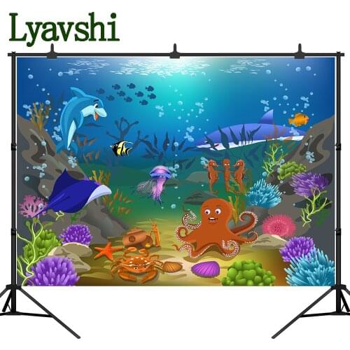 Photography background baby Underwater world animals sharks and dolphins with customized birthday decoration party background