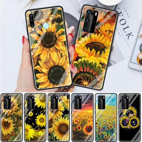 Art Sunflower Soft Edge Phone Case Cover for Huawei P30 P20 P10 Lite P40 Pro P Smart Z 2021 Luxury Tempered Glass Shell