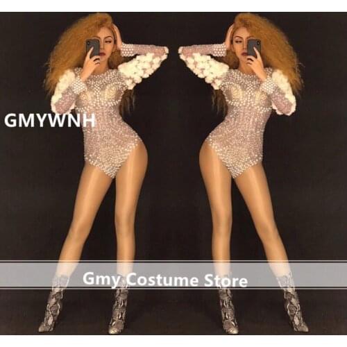 K100 Ballroom dance costumes dj ds stage wears bodysuit pearl sexy jumpsuit female dresses outfits club performance clothe bra