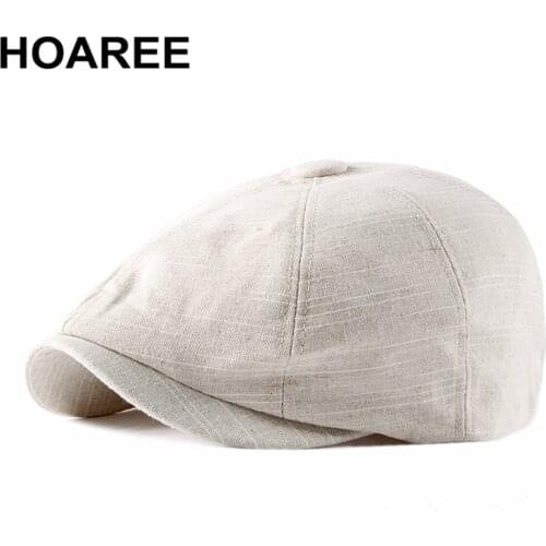 HOAREE Summer Hat Men Linen Hats for Men Newsboy Cap White Beret Hat British Style Vintage Casual Octagonal Cap