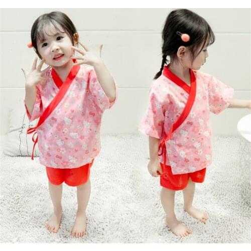 Children Japanese Style Kimono Boys Girls Short Sleeve Kawaii Print Pajamas Summer Cotton Yukata Haori Fancy Cartoon Sleepwear