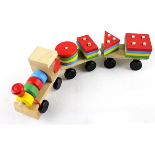 Colorful baby wooden toy pull train building blocks toys