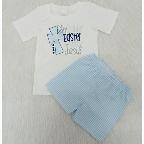 Boutique children Easter clothes boy white shirt and Seersucker shorts 2 pieces set boy cross pattern outfit