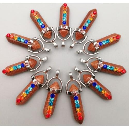 Fashion 7 chakra stone charms gold sand point pendant 24pcs/lot pendulum healing for jewelry makingFree shipping
