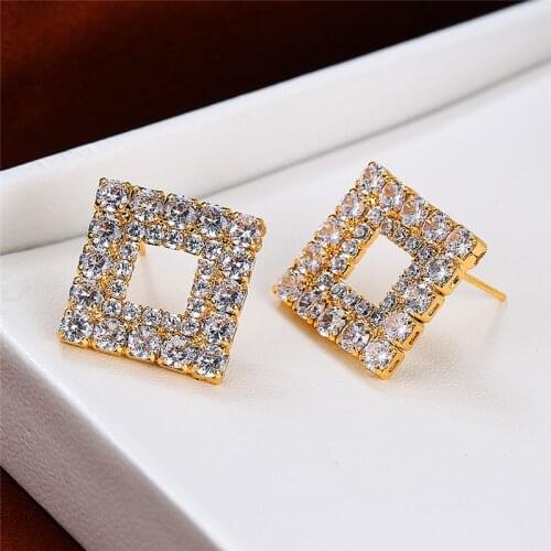 Trendy Gold Color Stud Earrings Dainty Hollow Round Stone Earrings Simple Female White Crystal Square Earrings For Women Wedding