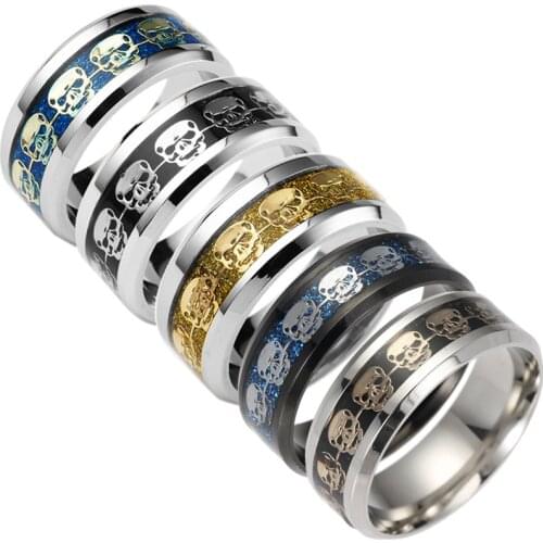 MixMax 50PCs/Lot Mens Rings Punk Style 316L Stainless Steel Band Width 8MM Skull Skeleton Fashion Jewelry Wholesale