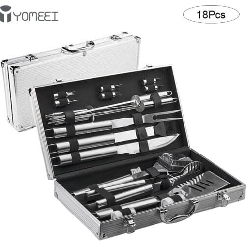 YOMEEI 18Pcs Stainless Steel Barbecue Tools Skewers Outdoor Portable BBQ Needle Sticks Fork Set Combination Picnic Tools