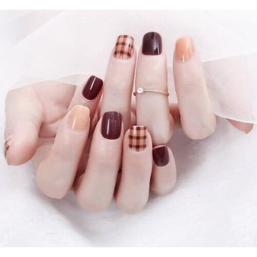 24pcs Dark Coffee Brown fake nails set Grid Artificial Fake Nails Full Cover Press on Nails Short Natural Tips with Glue