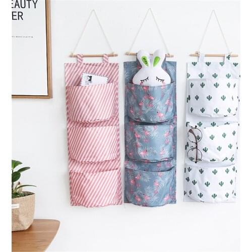 Wall Hanging Storage Bags Cactus Flamingo Pattern Storage Box 3 Pockets Cotton Linen Sundries Jewelry Makeup Organizer Cosmetics