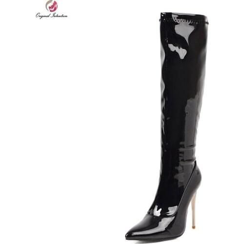 Original Intention Popular Knee High Patent Leather Knee High Boots Woman Black White Red Long Boots Metal Thin High Heels Shoes
