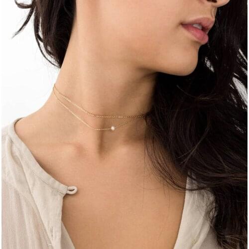 KBJW simple two layer chain layered choker adjustable pearl charm handmade necklace short collar summery jewelry for women 2017