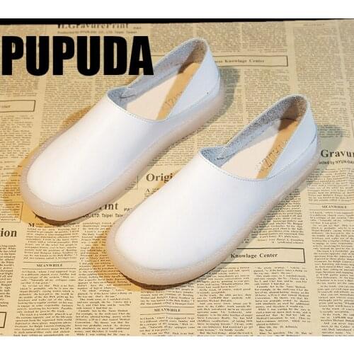 PUPUDA Flat Shoes Women Comfortable Slip On Loafers Women Leather Casual Shoes Women New Female Shoes