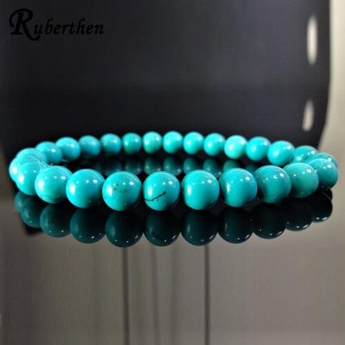 Ruberthen 8 mm Genuine Hubei Tur quoise Bead Bracelet for Men AAA Quality Ntural Stone Energy Protection Bracelet