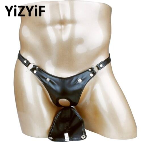 Sexy Men Bikini Gay Swimwear Swimsuit Faux Leather Buckled Bulge Pouch Briefs G-string Jockstrap Underwear Surfing Short