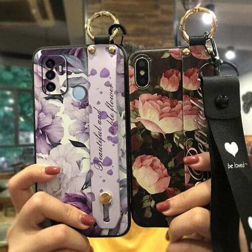 Silicone For Girls Phone Case For OPPO A53 2020/A32 2020 Wrist Strap Kickstand Back Cover Flower For Woman