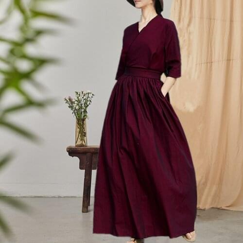 20 Xia Kuan Element Purplish Red Kermesinus Woven Cotton V Lead Belt Easy Long Fund Dress 80518 h200427