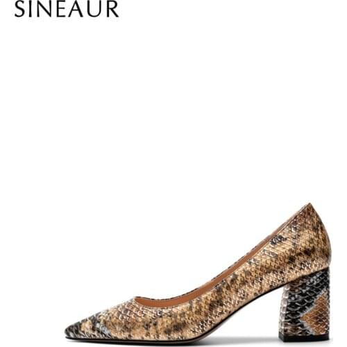 SINEAUR Women Shoes 2021 Fashion Snake Print Mid-heel Chunky Pumps Woman Pointed Toe Office Ladies Footwear Plus Size 35-45