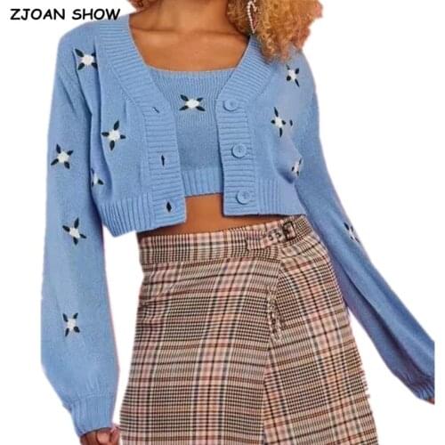 1 set Autumn Korea Style Vintage Embroidery Flower Cardigan Cropped Tank Top Single-breasted Button Knitted Crop Sweater Jumper