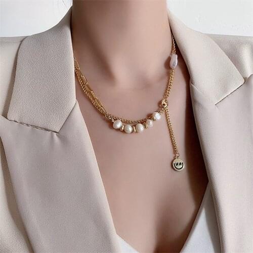 Unique Design Creative Smiley Face Pendant Necklace Luxurious Natural Freshwater Pearls Clavicle Chain Vigorous Girl Gift