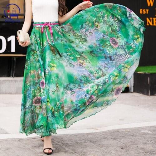 Summer Skirts Womens 2021 New Vintage Floral Print Chiffon Pleated Skirt Elastic High Waist Casual Midi Skirt Women Clothes
