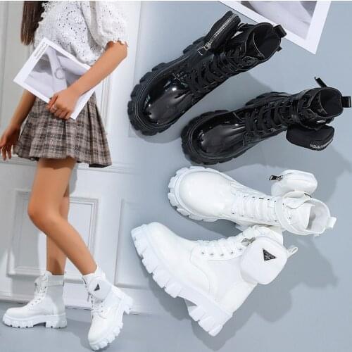 Black Punk Ankle Platform Motorcycle Martin Boots Women Lace Up Chunky Heel Belt Buckle Pocket Designer Shoe42 Women botas mujer