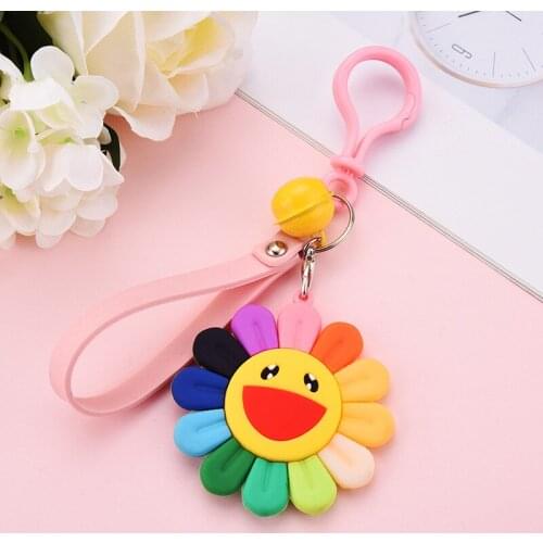 Silicone Rainbow Color Sunflower Key Chain For Women Cute Smiley Keychain On Bag Car Trinket Wedding Party New Year Girls Gift