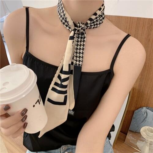 Luna&Dolphin Women Small Long Skinny Scarf 100x6cm Twill Satin Chiffon Beige Plaid Letter Headbands Ribbon Neckercheif Choker