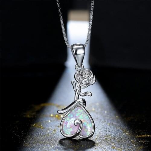 Female Dainty Rose Flower Necklace White Pink Opal Love Heart Pendant Necklaces For Women Silver Color Necklace Valentines Gift