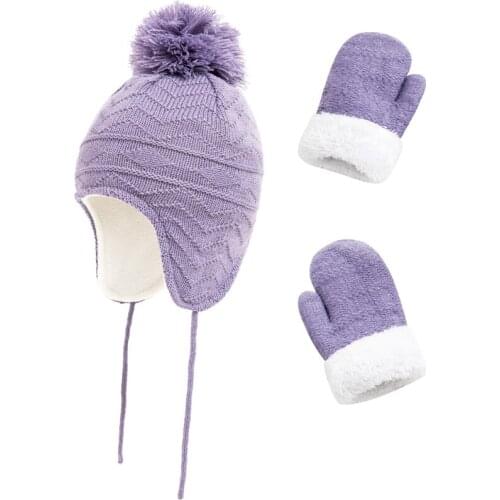 2PCS Set New Baby Kids Girls Boys Winter Warm Knit Hat Ear Warm Plus Velvet Glove Solid Beanie Cap 1-3T