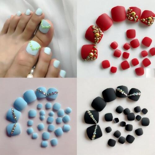 24pcs artificial toenails custom Rhinestone false toenails square fake nail press nails matte nail art toe