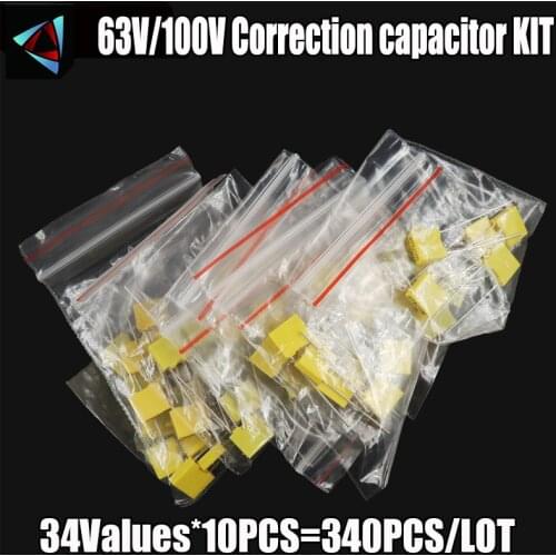 340PCS/BOX 63V 100V 34 Value Correction capacitor package kit 105-823 Set Free Polypropylene Safety Plastic Film Capacitor Kit