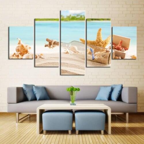Large Framed Wall Art Print Beautiful Drift Bottle and Sea Shell Paintings on Canvas Beach Landscape Painting Beach Oil Painting