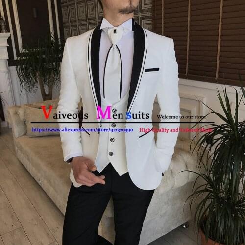 Brand Mens Wedding Suit Set Slim Fit Dinner Prom Grooms Dress Tuxedo Custom White Business Blazer 3 Pieces (Jacket+Vest+Pants)