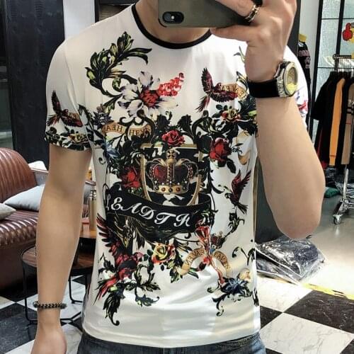 European Tee Shirt Homme 2021 Summer Heavy Industry Printing T-shirt Mens Short Sleeve Ice Silk O-neck Slim Tshirt For Men White