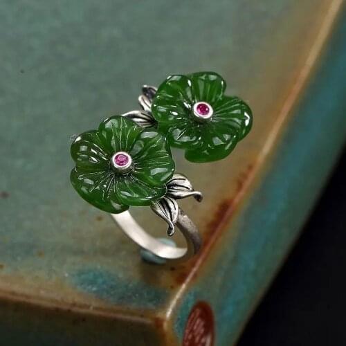 Natural Hetian Jade Plum Blossom Ring Double Flower S925 Sterling Silver Ring Elegant Stylish Opening Adjustable Vintage Ring