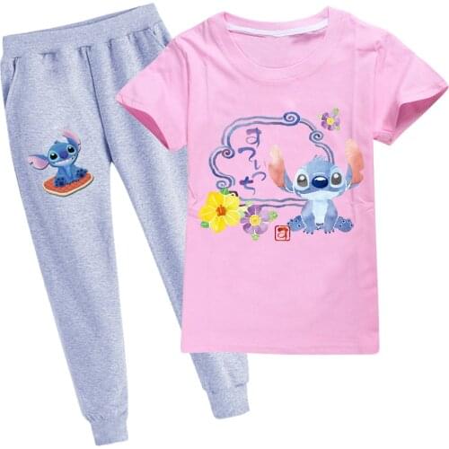 Disney Stitch Kids Toddler Boys Clothes Set Short Sleeve T-shirt Tops+Pants 2 pcs Clothes Suits Outfits Girls Clothes