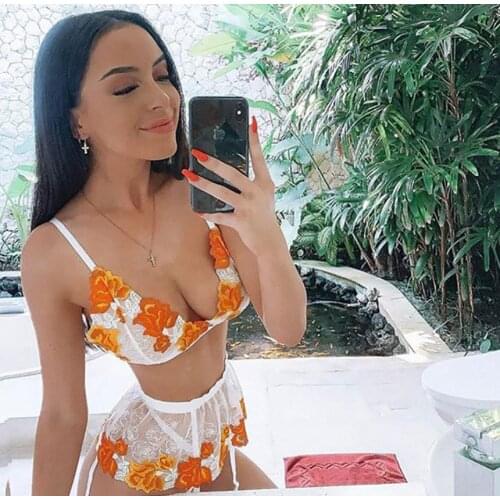 Sexy Lingerie Set Yellow Floral Embroidery Sexy Bra + Brief +Garters Sexy See-through Lingerie for Women Honeymoon Exotic Sets