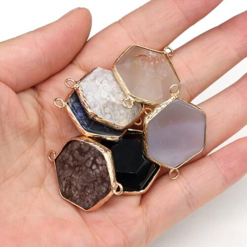 100% Natural Stone Pendant hexagon shape Double hole connector for Women Jewelry Making DIY Necklaces Accessories