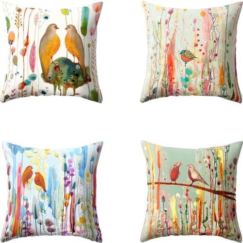 Linen Art Cotton Hemp Pillowcase 18Inch Bird Flower Pillow Case Bed Sofa Living Room Decor Throw Cushion Cover