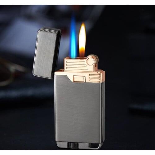 Metal Double Fire Butane Gas Grinding Wheel Lighter Windproof Mini Torch Lighter Unusual Cigarette Cigar Lighter Gadgets For Men