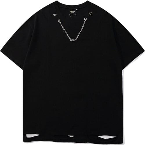 High Street Hem Hole Loose Round Neck Short-sleeved T-shirt Male Hip-hop Personality Solid Color Half-sleeved T-shirt With Chain