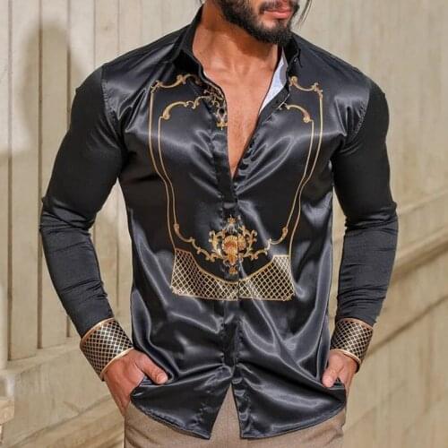 Men Autumn Vintage Pattern Print Slim Shirt Men Spring Fashion Buttoned Lapel Top Casual Long Sleeve Patchwork Shirt Streetwear