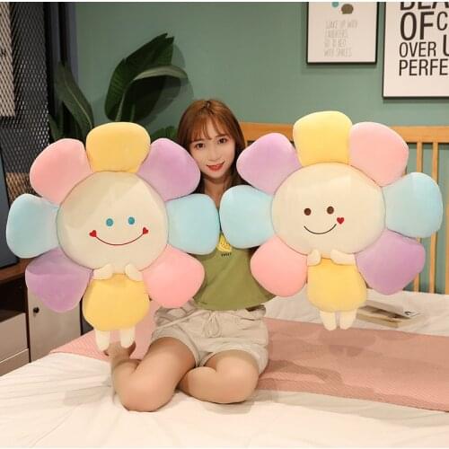 60/70/95CM Stuffed Soft Smile Flowers Plush Toys Lovely Colorful Sunflower Plush Pillow Nice Floor Mat Room Decor Gift for Girls