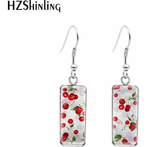 2021 New Cherry Painting Rectangular Earring Sweet Fish Hook Earrings Glass Cabochon Handmade Jewelry