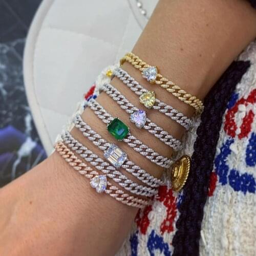 2020 new valentines day girlfriend gift Heart cz iced out bling Miami cuban chain bracelet adjusted size