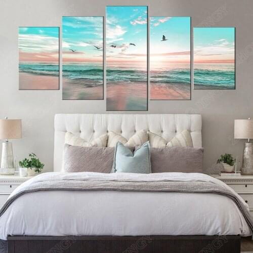 Office Wall Art Ocean Beach Sunset - Ephany Art - Blue Wall Art For Living Room,Sea Landscape Wall Art Canvas Wall Art 5 Pieces
