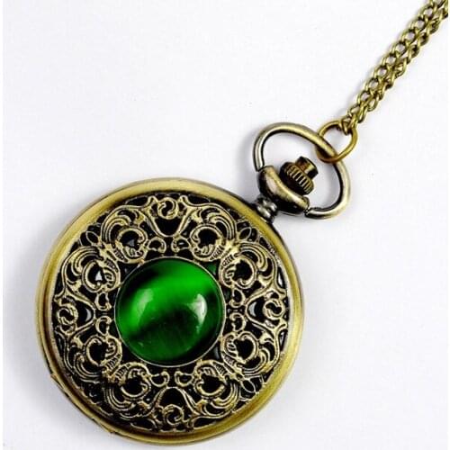 PA009 Woman Green Necklace Vintage Fashion Emerald Stone Pocket Watch Jewelry